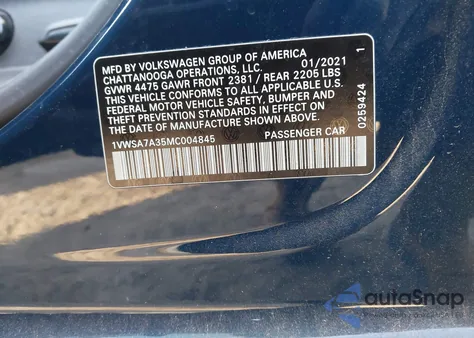 2021 Volkswagen Passat 2.0T Se z USA, uszkodzony, nr VIN 1VWSA7A35MC004845